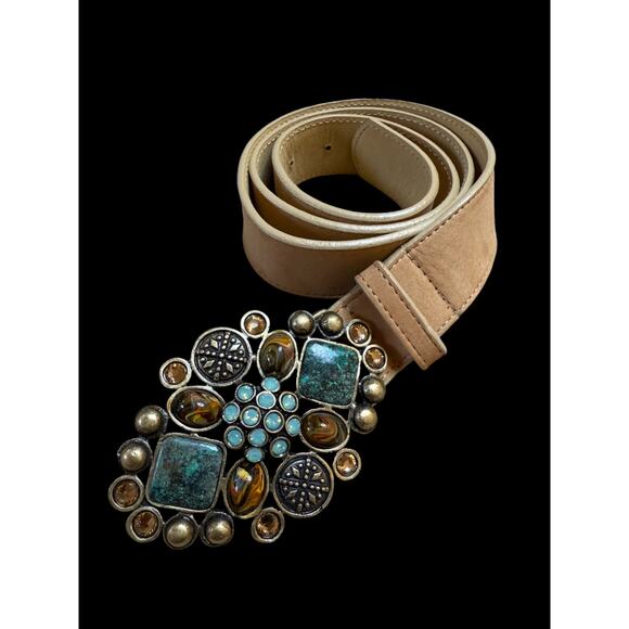 Vintage Leatherock Leather Beige Best Large Ornate Marbel Gem Turquise Buckle E8 - Picture 1 of 10